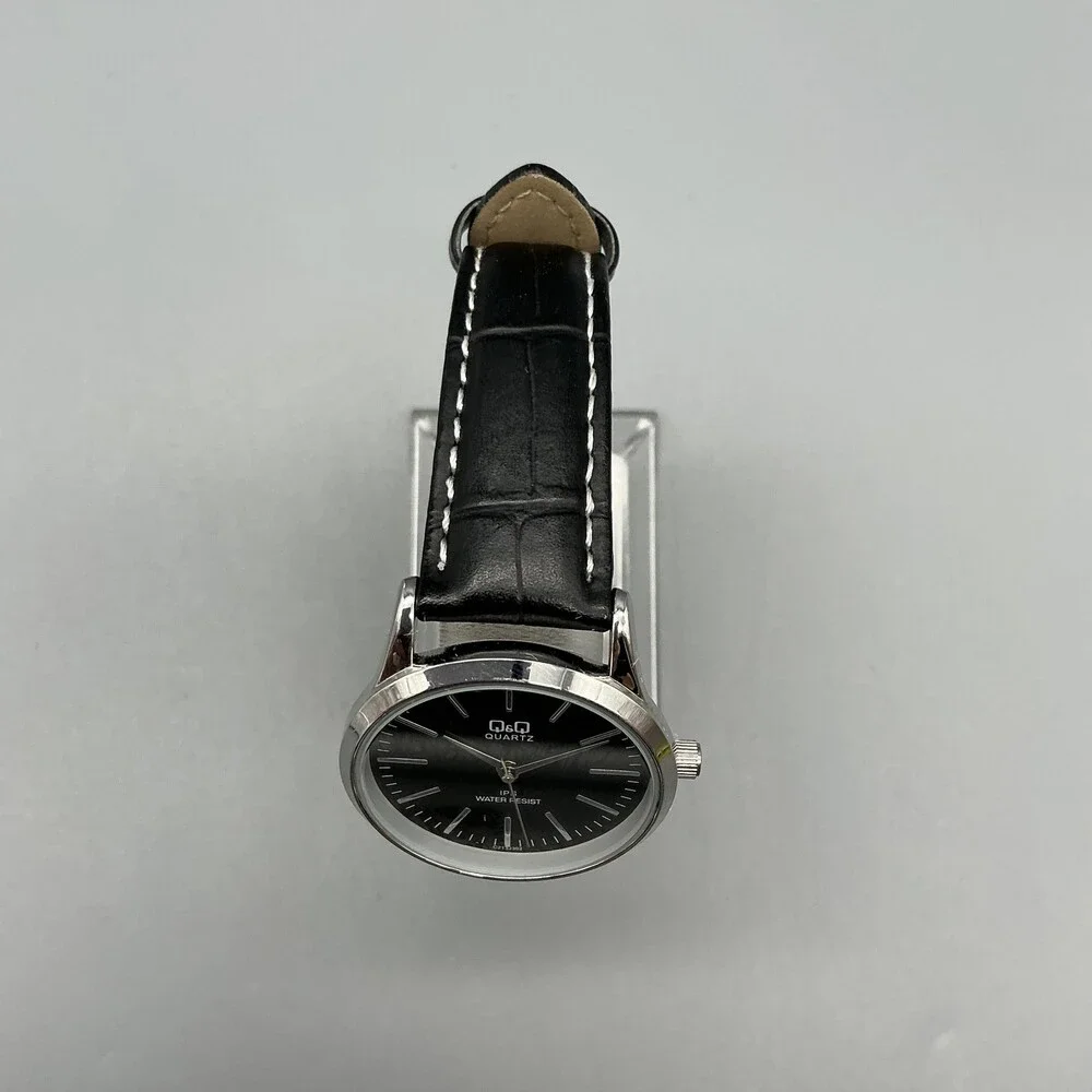 Q&Q Womens Watch 30mm Black Dial Silver Tone Black Leather Band New Battery